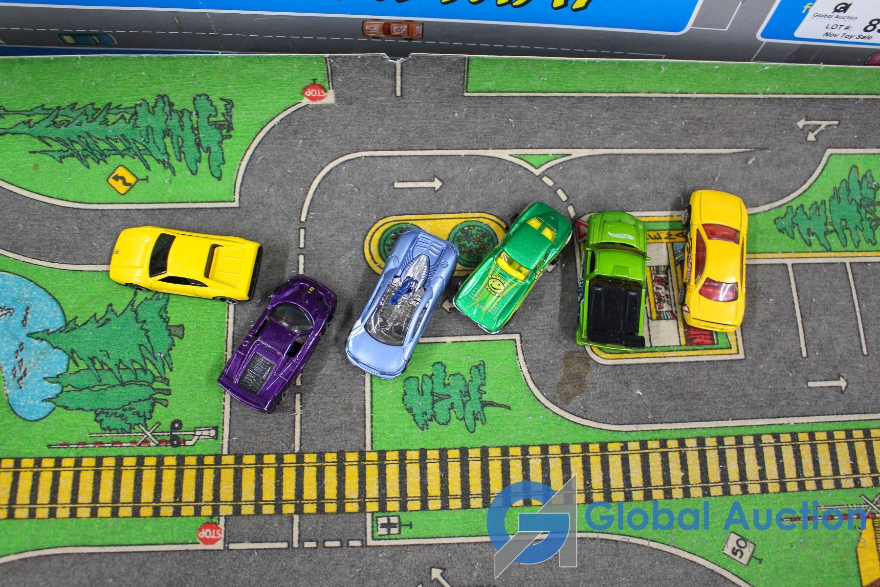 Roadway Play Mat 24x54 Inches w/ Six Hot Wheels Cars