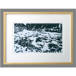 Gesine Janzen, "Madison River, Madison Dam," woodblock print