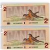 Image 2 : TWO-2 DOLLAR BILLS (CANADA) *1986* (SEQUENCIAL SERIAL NUMBERS)