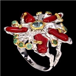 Natural Handmade Red Coral Zircon Emerald Ring
