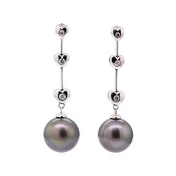 0.15 ctw Diamond and Tahitian Pearl Dangle Earrings - 14KT White Gold