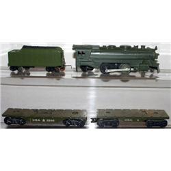 MARX ARMY LOCO. RST TENDER, TWO CARS W/O LOADS
