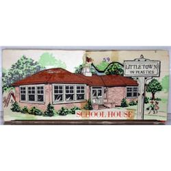 LITTLE TOWN SCHOOL HOUSE. RED, WHITE WINDOWS, GRA