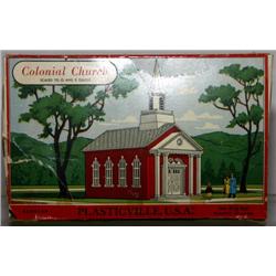 PLASTICVILLE COLONIAL CHURCH. RED, WHITE WINDOWS 