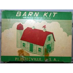 PLASTICVILLE BARN. RED WALLS AND TRIM, WHITE ROOF