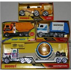BUDDY L 4 TRUCK LOT. GRADER, DUMP TRUCK, SANITATI