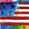 Image 2 : Peter Max, "Flag with Heart" Famed Original Mixed Media Overpaint (36" x 24"), Hand Signed with Cert