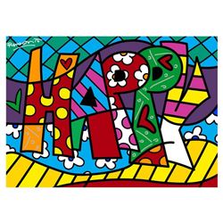 Romero Britto  Happy Mini Word  Hand Signed Giclee on Canvas; Authenticated