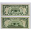 Image 2 : (2) 1950-D $5.00 FEDERAL RESERVE STAR NOTES