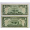 Image 2 : (2) 1950-D $5.00 FEDERAL RESERVE STAR NOTES