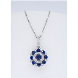 14KT White Gold Blue Sapphire and Diamond Pendant with Chain