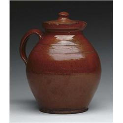 GOOD COVERED GLAZED REDWARE PITCHER