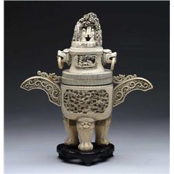 LARGE ORIENTAL CARVED TWO PIECE IVORY JAR