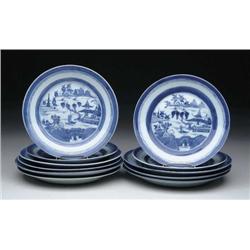 ELEVEN BLUE AND WHITE CANTON PLATES