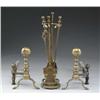 Image 1 : PAIR OF ANTIQUE BRASS BALL TOP ANDIRONS WITH TOOL