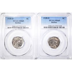 2-1938-D BUFFALO NICKELS, PCGS MS-65