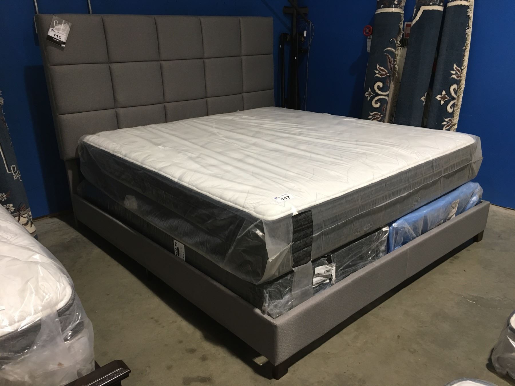KING SIZE GREY UPHOLSTERED BED FRAME (HEADBOARD, FOOTBOARD & RAILS)