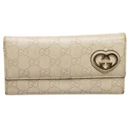 Gucci Off White Guccissima Leather Interlocking GG Heart Long Wallet
