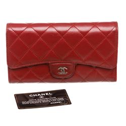 Chanel Deep Red Lambskin Leather Classic Long Flap Wallet