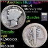 Image 1 : ***Auction Highlight*** 1916-d Mercury Dime 10c Graded g+ By USCG (fc)