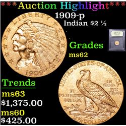 ***Auction Highlight*** 1909-p Gold Indian Quarter Eagle $2 1/2 Graded Select Unc By USCG (fc)