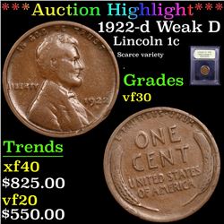 ***Auction Highlight*** 1922-d Weak D Lincoln Cent 1c Graded vf++ By USCG (fc)