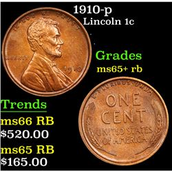 1910-p Lincoln Cent 1c Grades Gem+ Unc RB