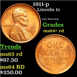 1911-p Lincoln Cent 1c Grades Choice+ Unc RD