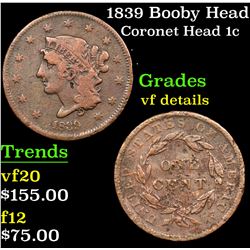 1839 Booby Head Coronet Head Large Cent 1c Grades vf details