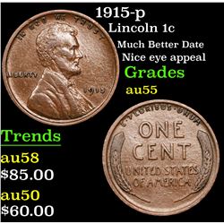 1915-p Lincoln Cent 1c Grades Choice AU