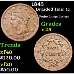 1843 Braided Hair Large Cent 1c Grades vf+