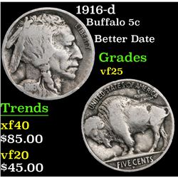 1916-d Buffalo Nickel 5c Grades vf+