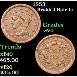 1853 Braided Hair Large Cent 1c Grades vf++
