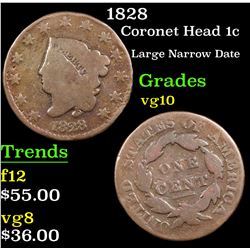 1828 Coronet Head Large Cent 1c Grades vg+