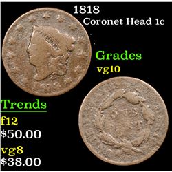 1818 Coronet Head Large Cent 1c Grades vg+