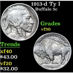 1913-d Ty I Buffalo Nickel 5c Grades vf++
