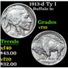 Image 1 : 1913-d Ty I Buffalo Nickel 5c Grades vf++