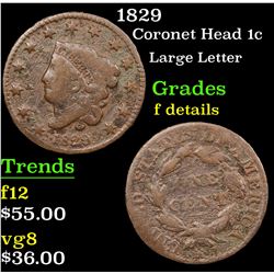 1829 Coronet Head Large Cent 1c Grades f details