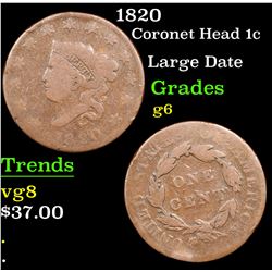 1820 Coronet Head Large Cent 1c Grades g+