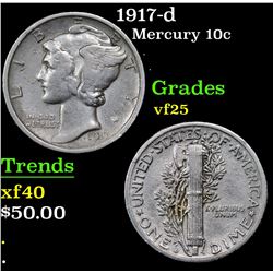 1917-d Mercury Dime 10c Grades vf+