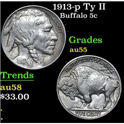 1913-p Ty II Buffalo Nickel 5c Grades Choice AU