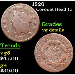 1826 Coronet Head Large Cent 1c Grades vg details