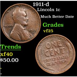 1911-d Lincoln Cent 1c Grades vf+