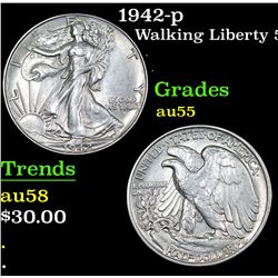 1942-p Walking Liberty Half Dollar 50c Grades Choice AU