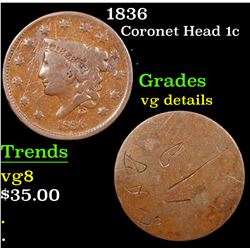 1836 Coronet Head Large Cent 1c Grades vg details