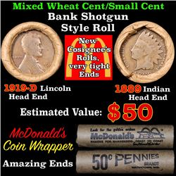 Mixed small cents 1c McDonald's wrapper shotgun roll, 1919-d Wheat Cent, 1889 Indian Cent other end