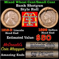 Mixed small cents 1c McDonald's wrapper shotgun roll, 1918-d Wheat Cent, 1899 Indian Cent other end