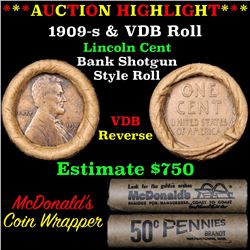 **Auction Highlight** Lincoln Wheat cent 1c orig roll, 1909-s one end,  VDB rev other end, WOW! (fc)