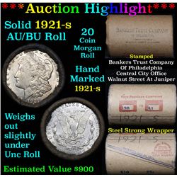 ***Auction Highlight*** Full solid date 1921-s Morgan $1 roll grades AU/BU slider, 20 coins   (fc)