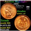 Image 1 : ***Auction Highlight*** 1901 Indian Cent 1c Graded Gem+ Unc RD By USCG (fc)